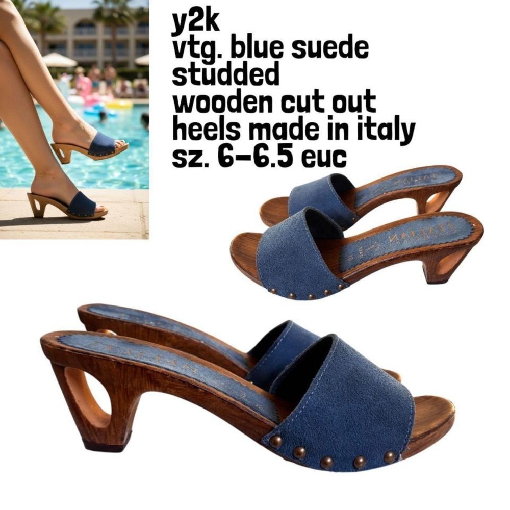 y2k vintage BLUE SUEDE STUDDED CUT OUT WOODEN HEELS MADE IN ITALY‎ SZ. 6-6.5 EUC
